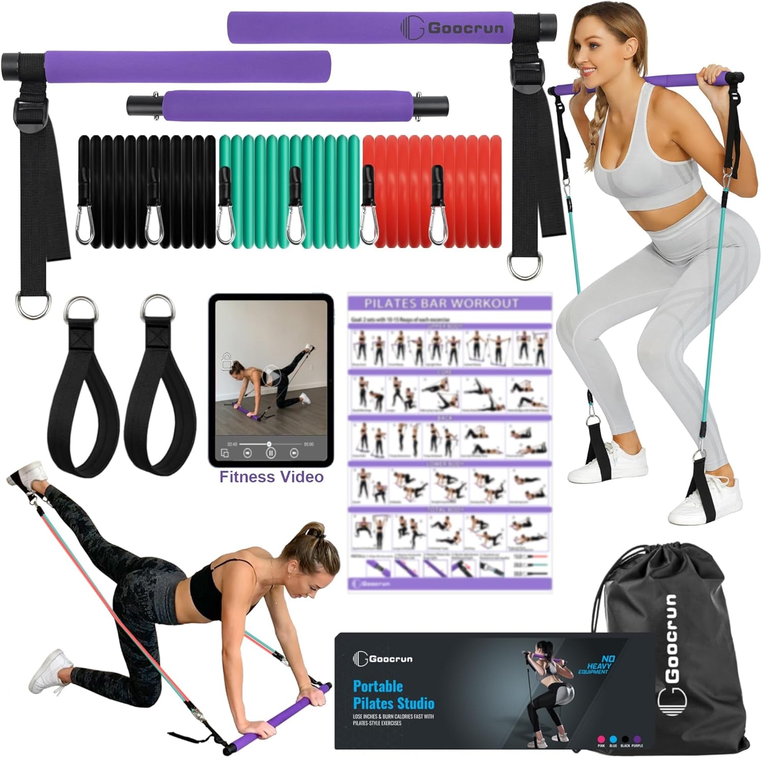 Portable Pilates Bar Kit with Resistance Bands for Men and Women - 3 Set Exercise Resistance Bands - Multifunctional Home Gym - Supports Full-Body Workouts β with Fitness Poster and Video